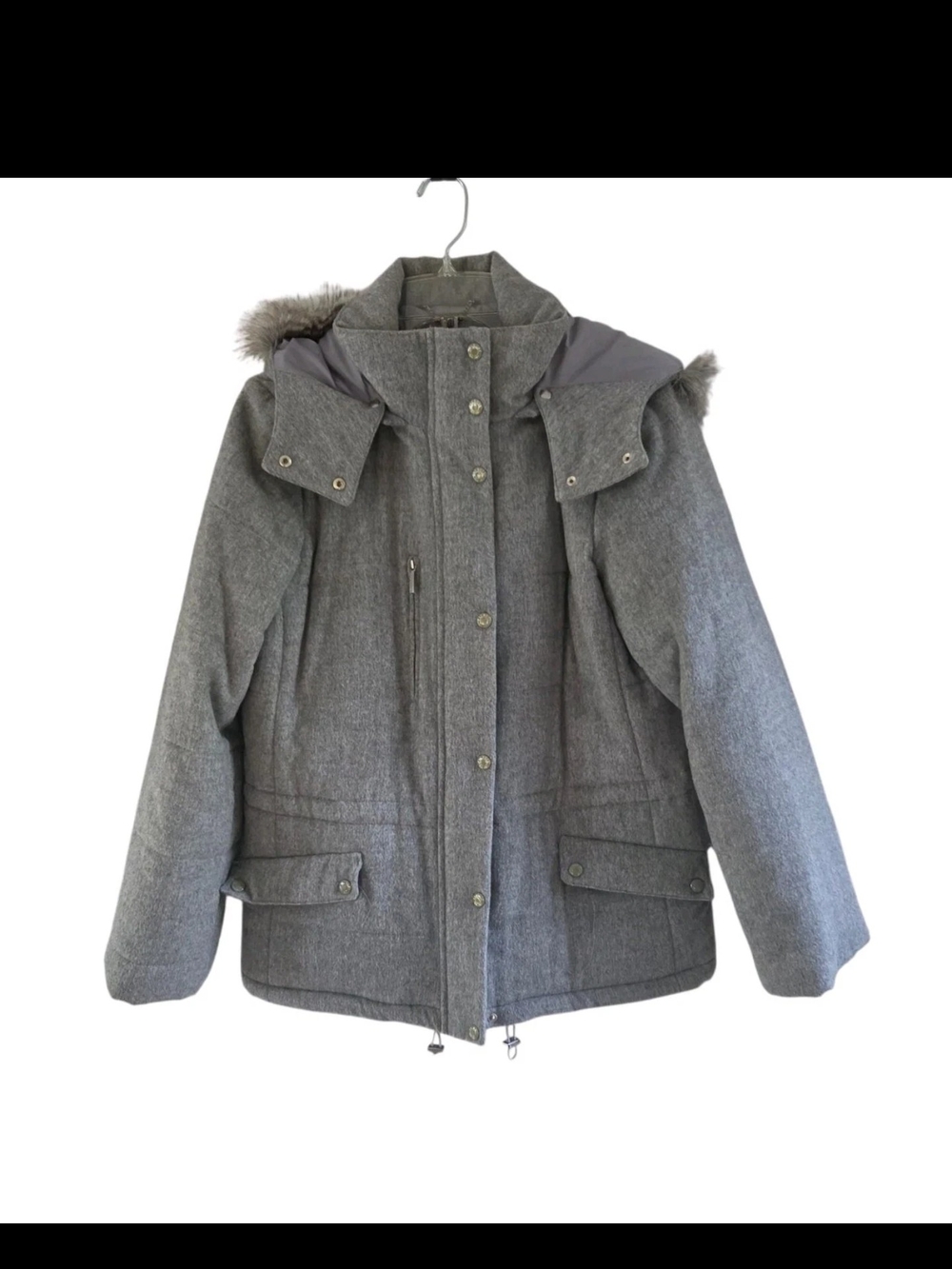 Talbots Womens Size M Gray Wool Blend Coat with Removable Fur Trimmed Hood